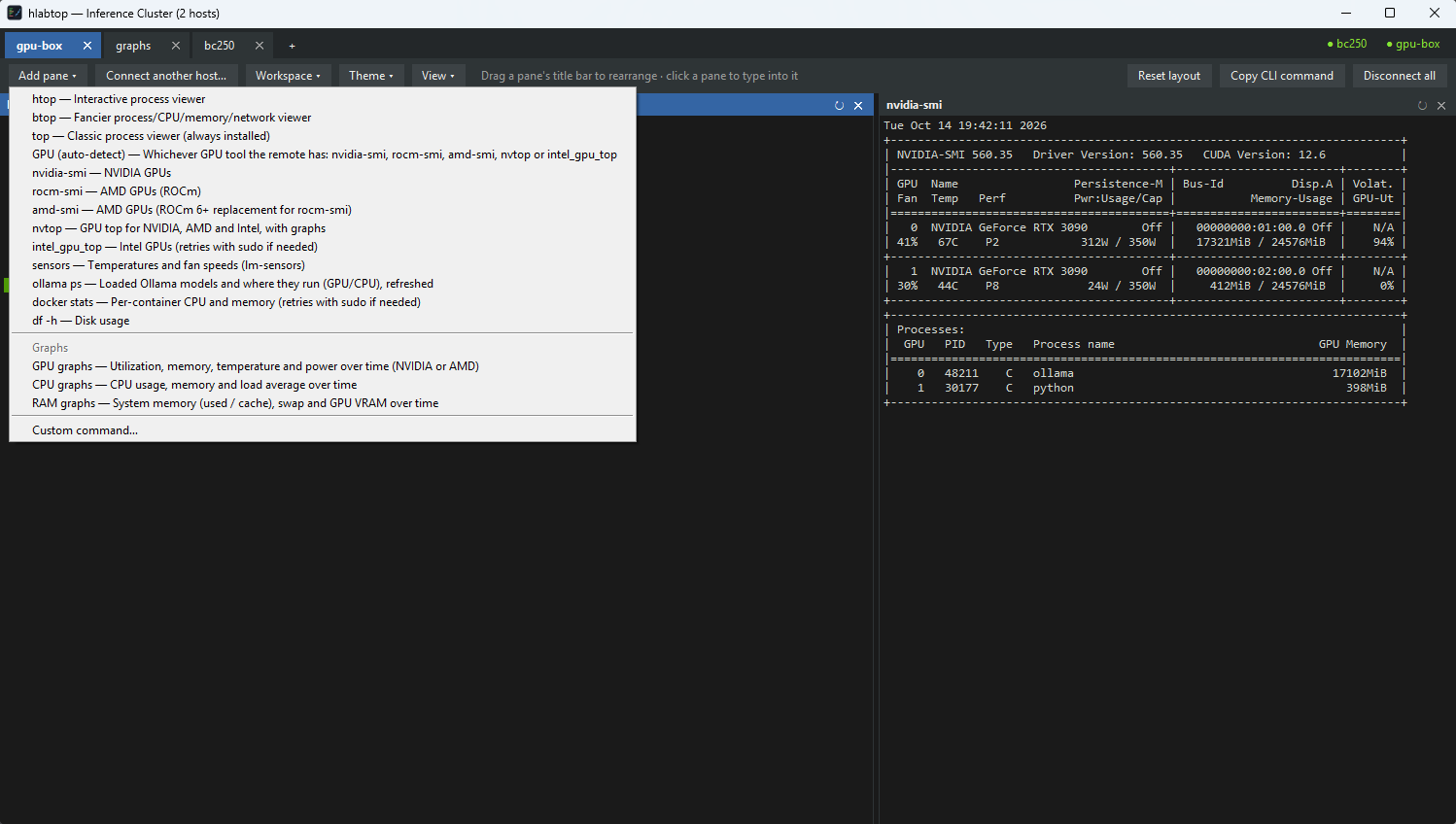 The Add pane menu listing the built-in presets: htop, btop, top, GPU, nvidia-smi, rocm-smi, nvtop, sensors, ollama, docker, df, the graph panes, and Custom command