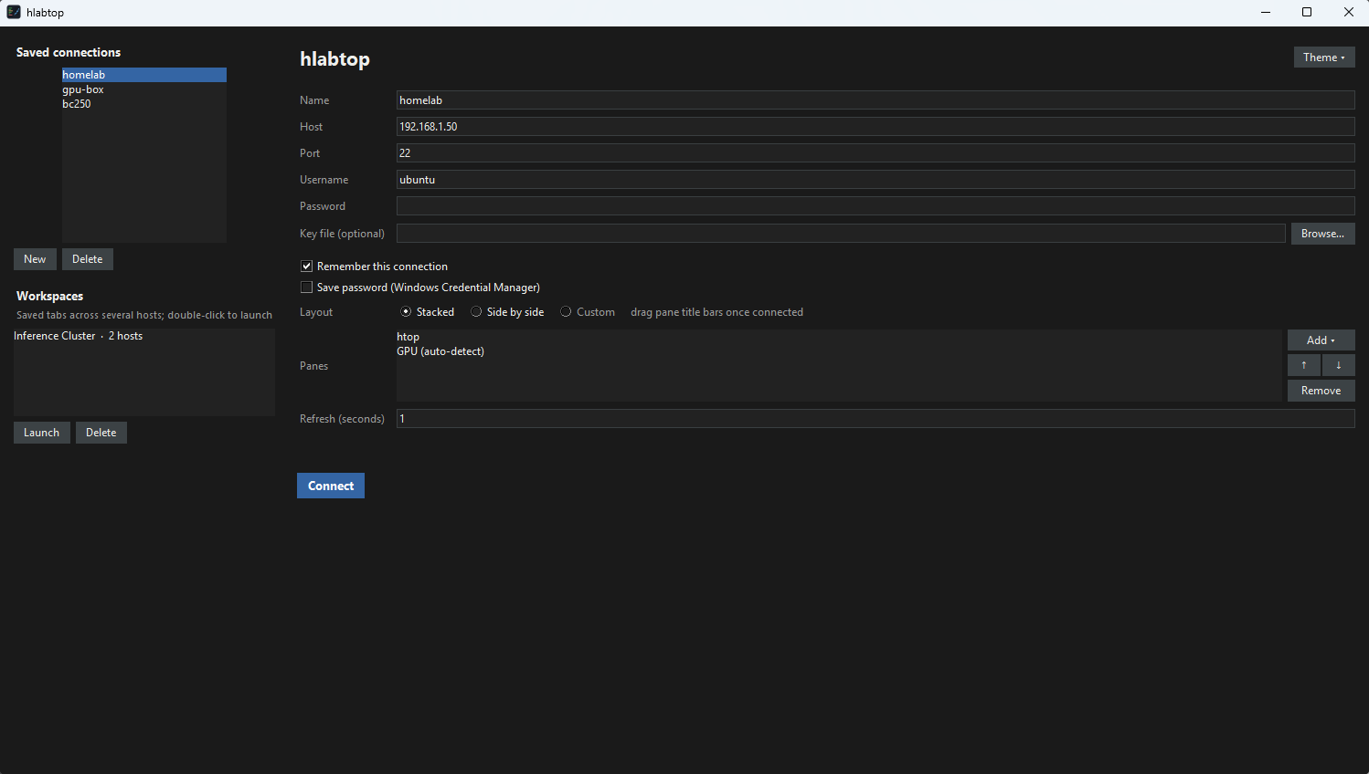 The hlabtop connection screen: saved connections and workspaces on the left, host, port, username and password fields on the right